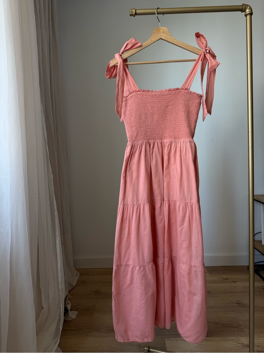 Wilfred Alba Smocked Maxi Dress Coral Pink Tiered S - Picture 2 of 13